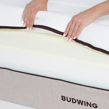 Colchão Hybrid Sense com capa removível e espuma viscoelástica de alta densidade – detalhe do fecho e acabamento Budwing